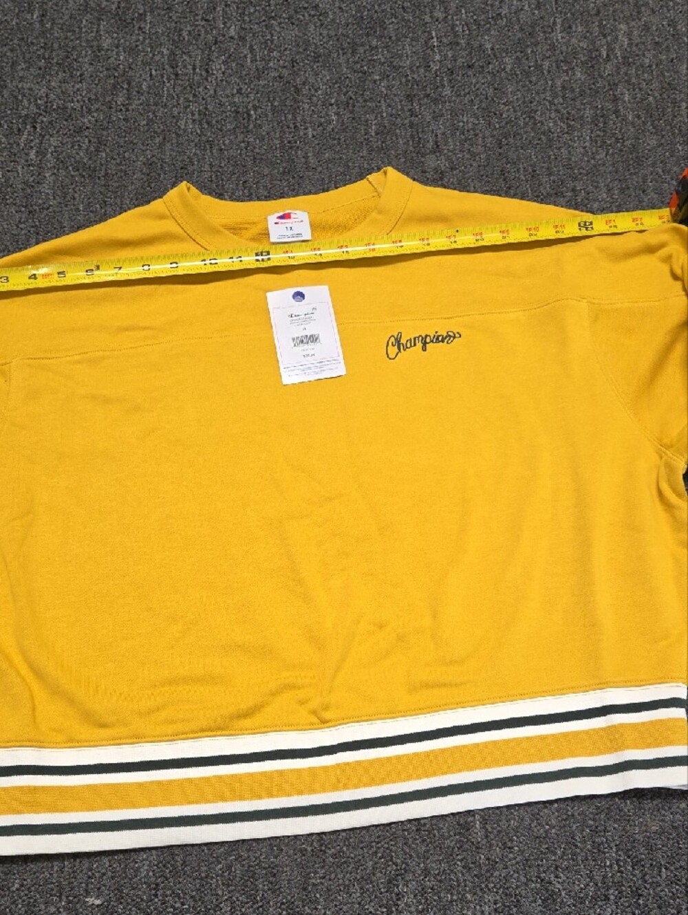 (#2C) Champion Mustard Yellow Crewneck Sweatshirt with Striped Hem - Picture 6 of 9